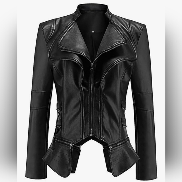 Vegan Leather Fitted Moto jacket. - Picture 2 of 14